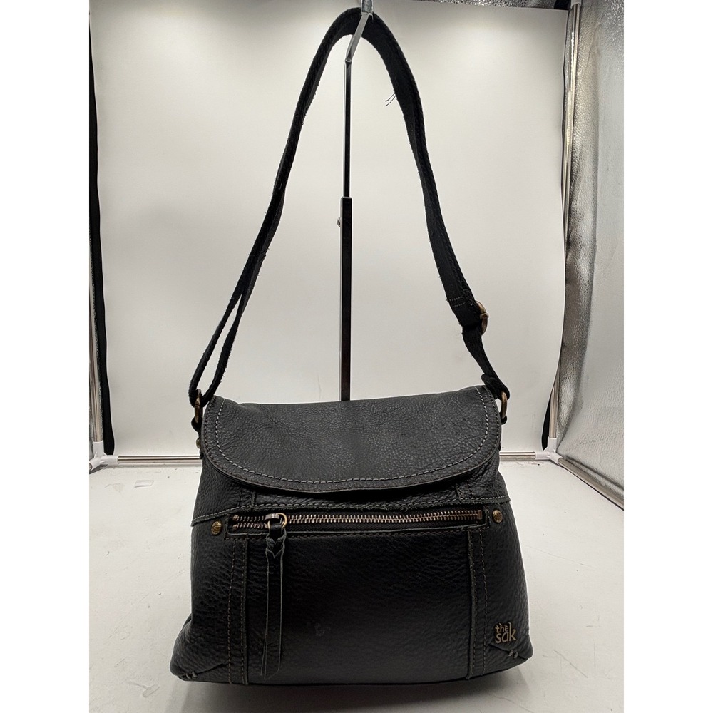 The Sak Black Pebbled Leather Flap Crossbody Organizer Bag Boho